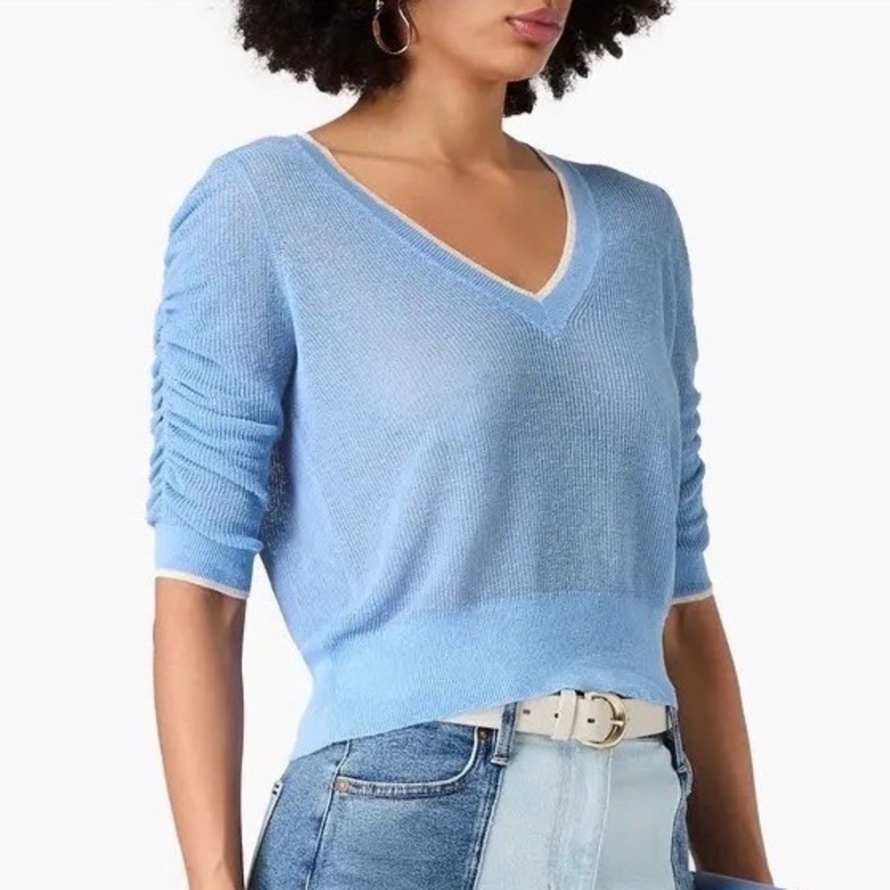 Veronica Beard Saville Blue Linen Blend Ruched V-Neck Sweater Top Size L
